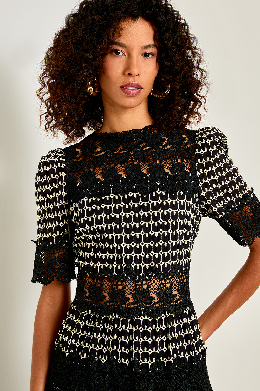 Sabrina Embroidered Lace Short Sleeve Midi Dress