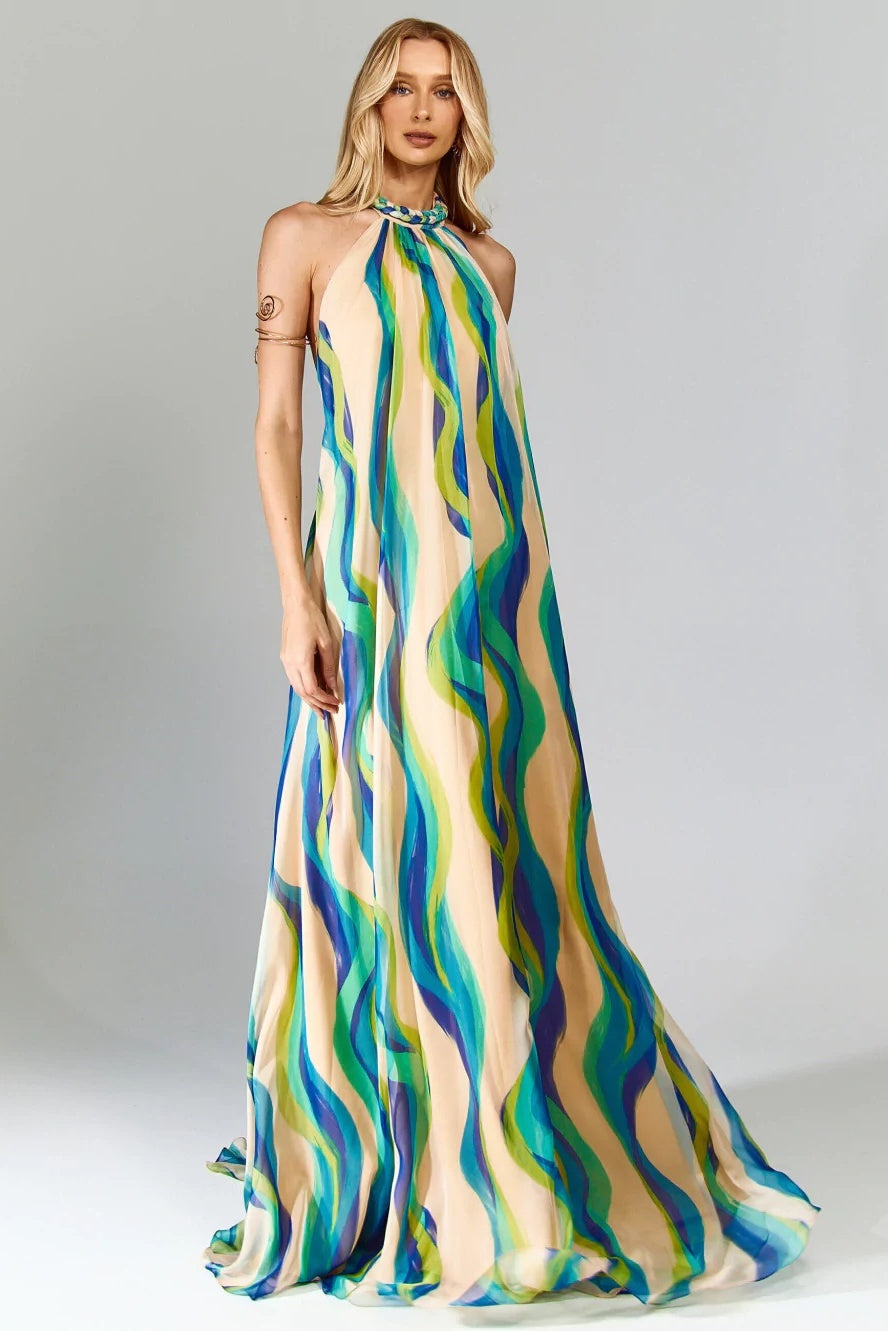 Sylvia Halter Neck Abstract Print Maxi Dress