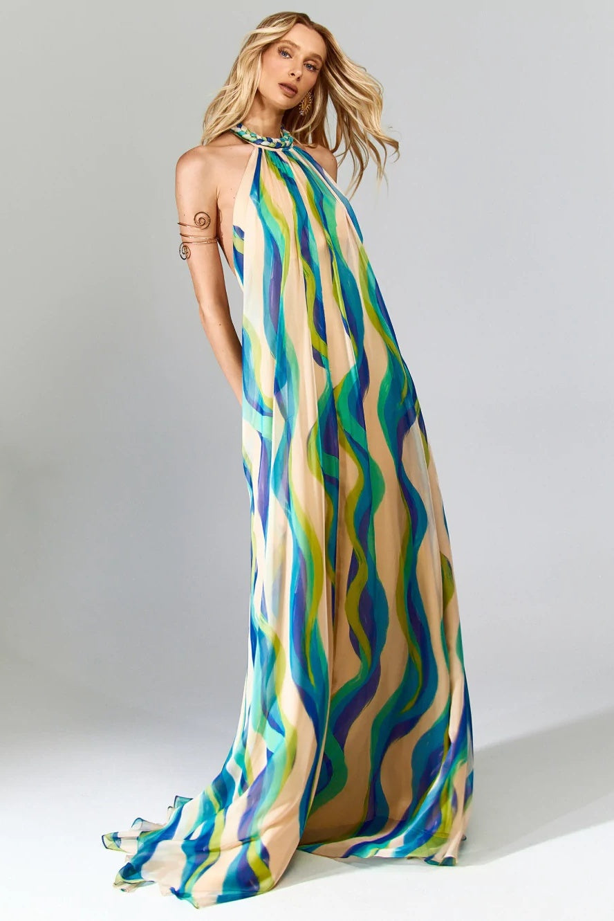 Sylvia Halter Neck Abstract Print Maxi Dress